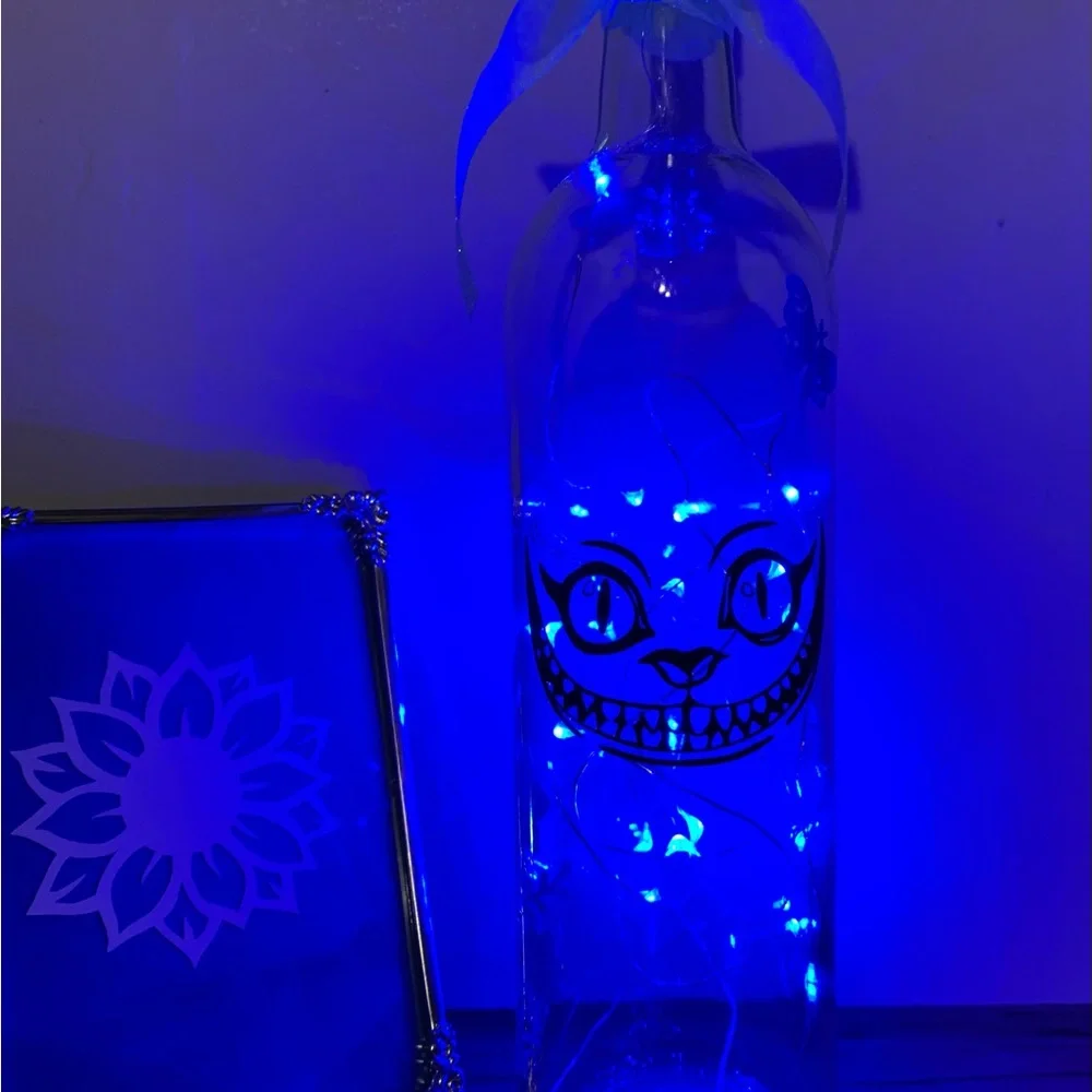 Hand Crafted- Cheshire Cat Smile wine bottle lantern